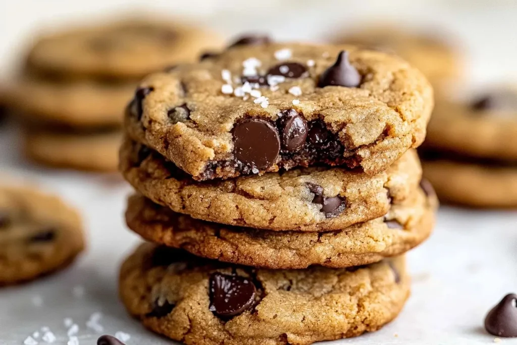 Stack of protein cookie recipe with a bite taken out.