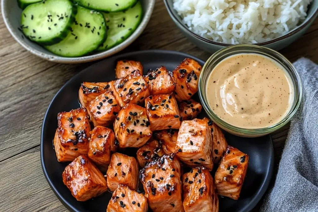 Grilled salmon cubes with sesame seeds, rice, cucumber slices, and sauce.