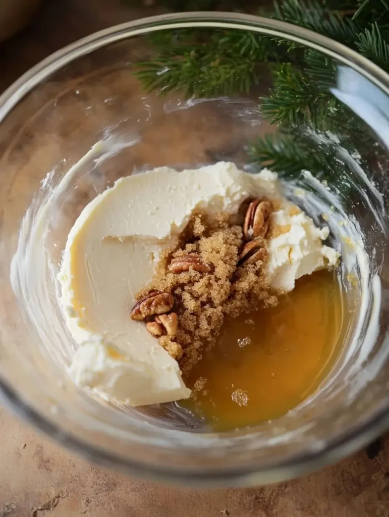 Cream cheese, brown sugar, and pecans in a mixing bowl.