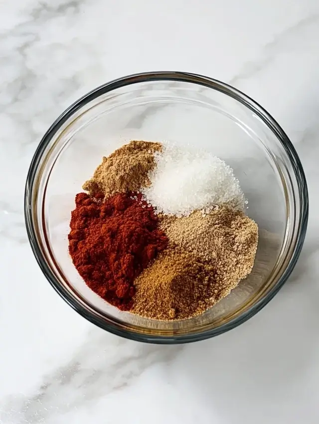 A bowl of assorted spices including paprika, salt, and brown sugar.