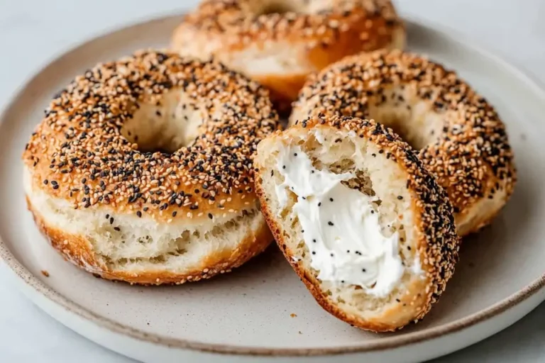 Freshly baked sourdough bagels with everything seasoning and cream cheese filling on a plate.