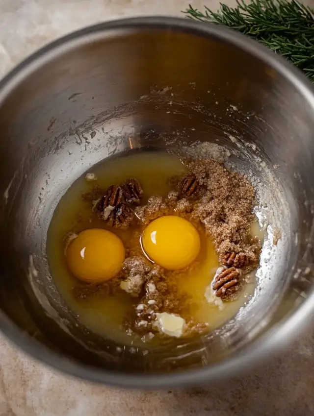 Eggs, sugar, and pecans in a mixing bowl.