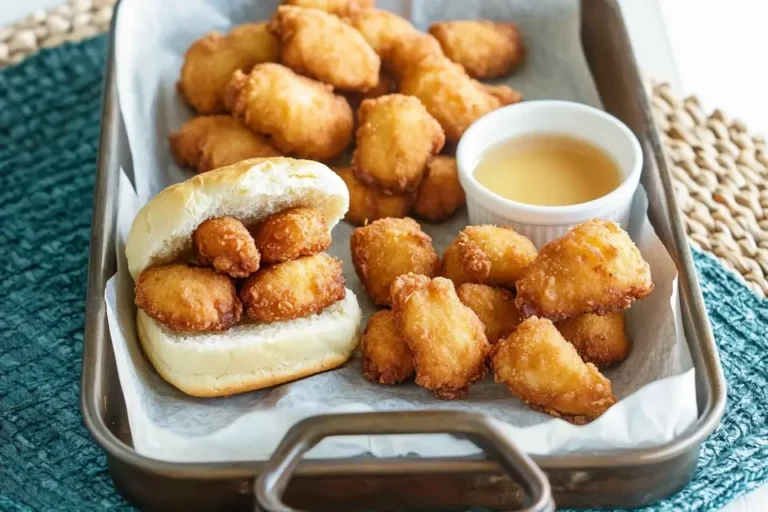 Chicken minis with fried chicken pieces in a bun and a side of dipping sauce.