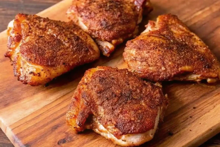Four crispy, seasoned smoked chicken thighs resting on a wooden cutting board.