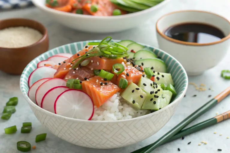 A delicious salmon poke bowl with fresh slices of salmon, cucumber, radishes, and a sprinkle of sesame seeds on top of white rice.