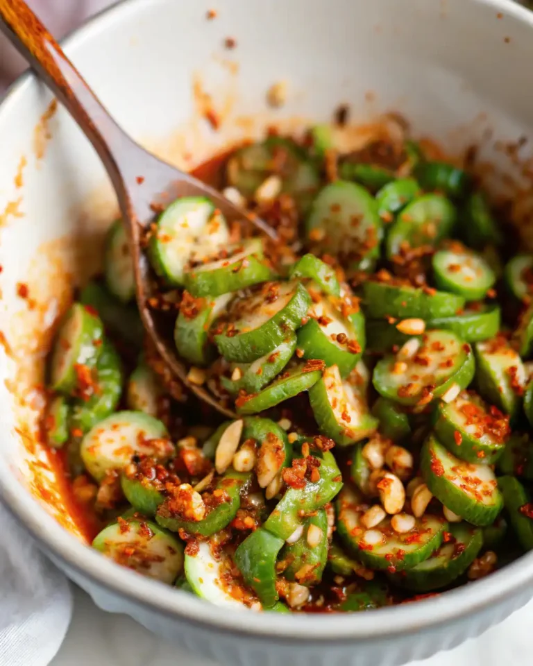 A wooden spoon mixing cucumber slices with spicy kimchi paste and green onions in a bowl.