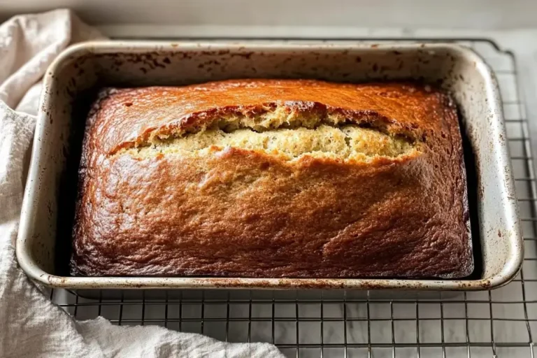 Freshly baked banana bread cooling in a pan on a wire rack.