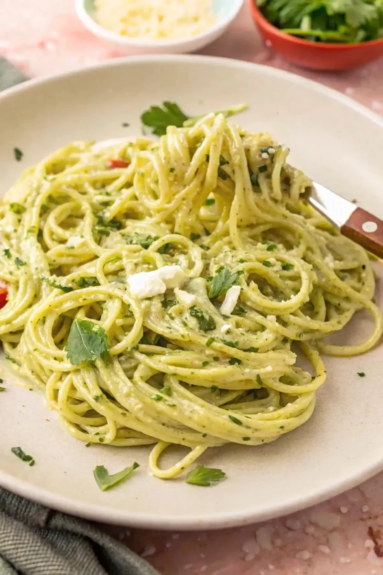 Spaghetti verde in a plate with cilantro garnish.