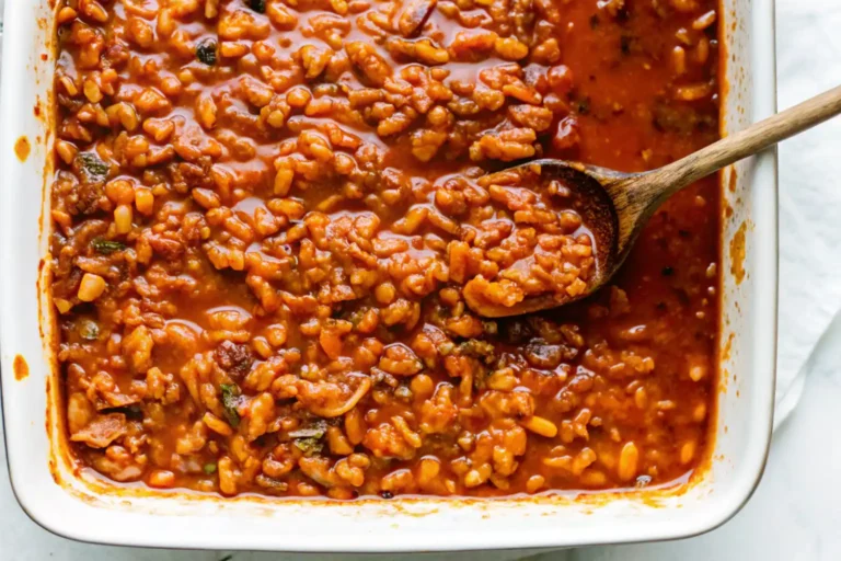 baked beans in a baking dish with a wooden spoon, showcasing a rich, savory sauce.