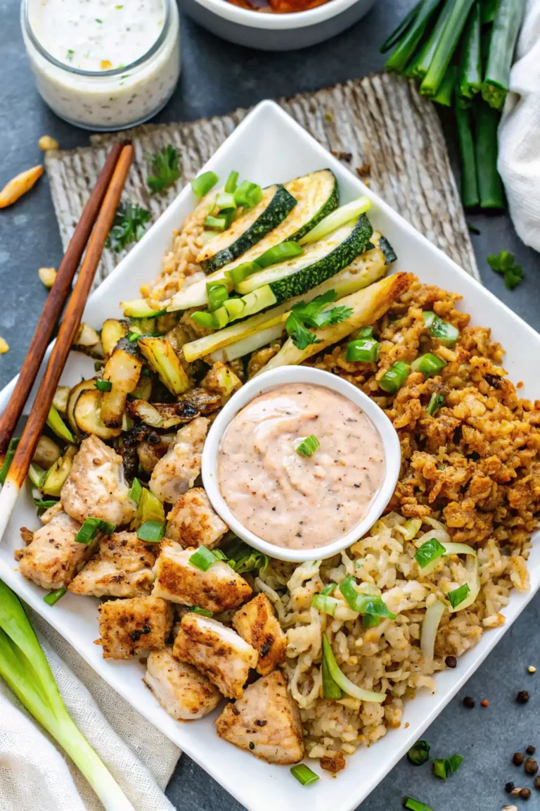 A plate of Blackstone hibachi featuring grilled chicken, stir-fried vegetables, fried rice with green onions, and a dipping sauce