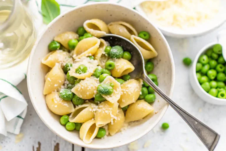 Pasta with peas and grated cheese in a bowl.