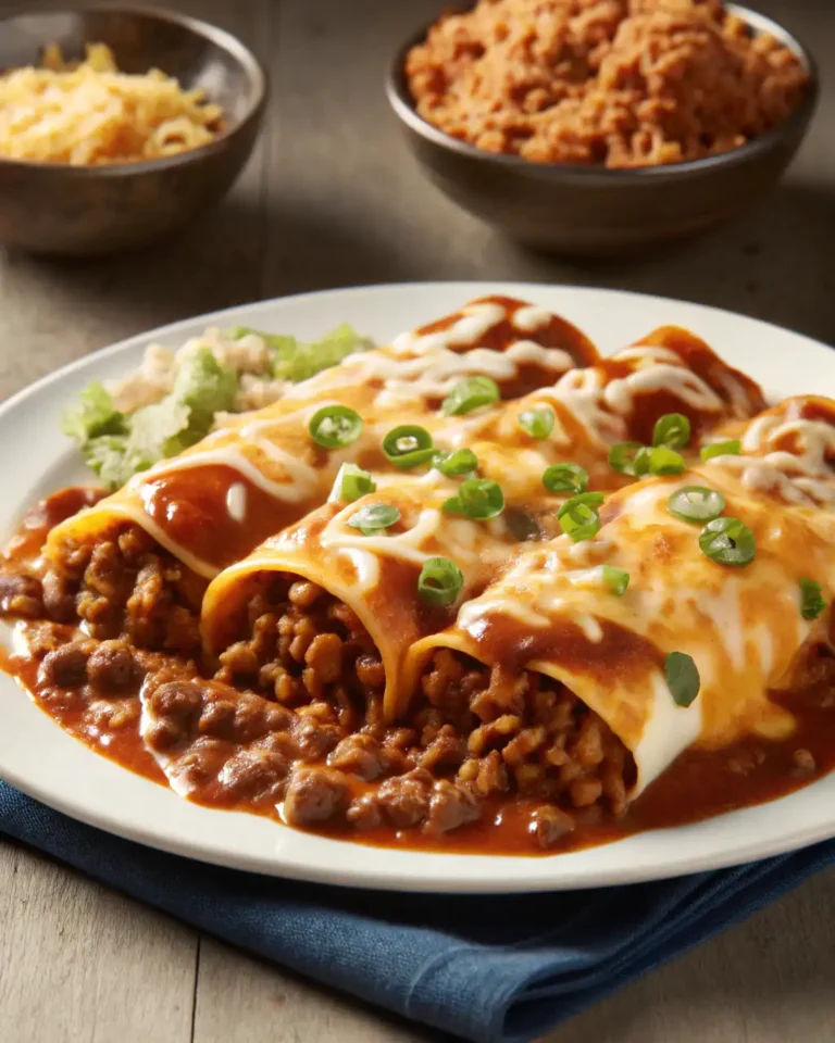 A plate of enchiladas topped with green onions, served with rice and beans.