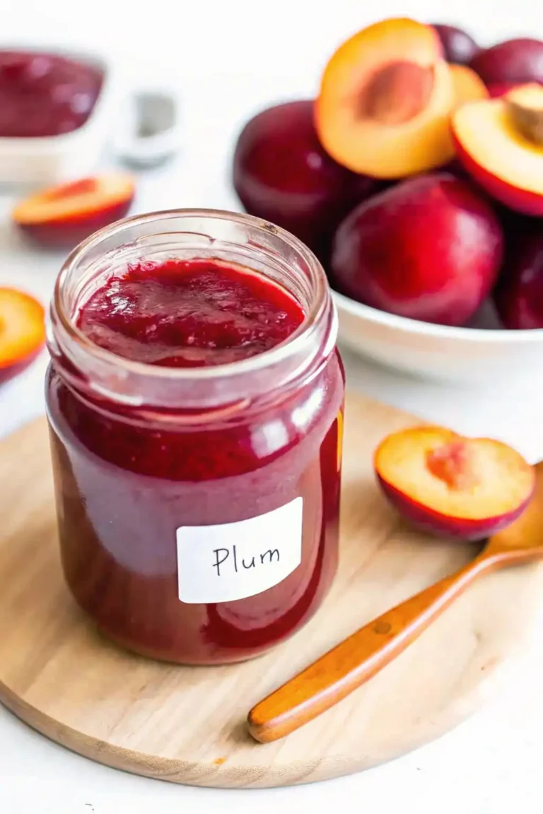Jar of homemade plum jam with a spoon.