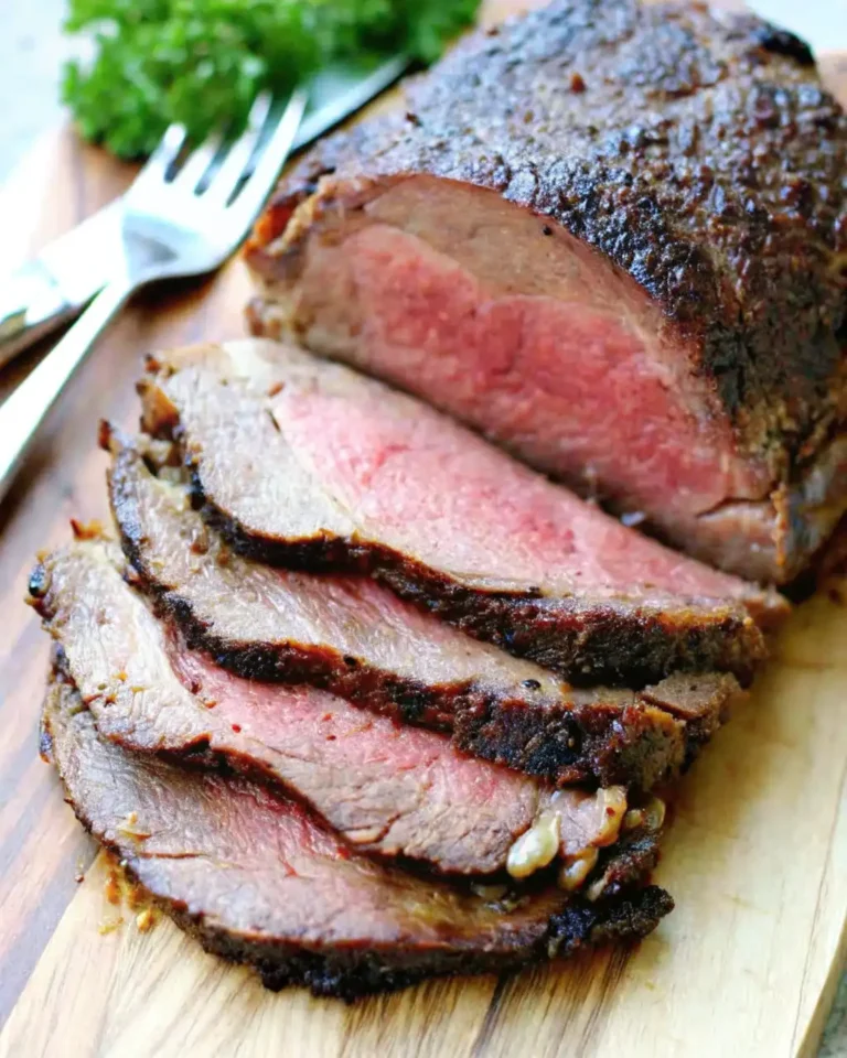 Sliced ribeye roast served on a wooden board with a tender, juicy pink center