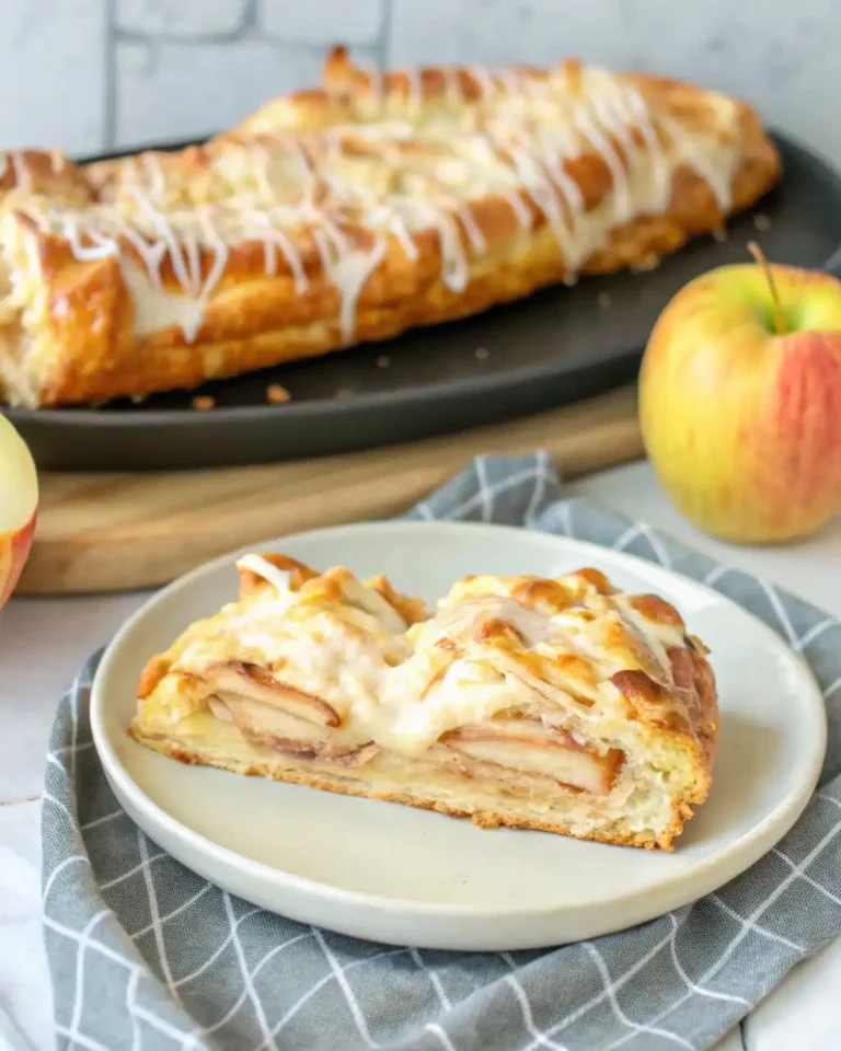 A slice of Apple Danish with a drizzle of icing and almond slices on top.