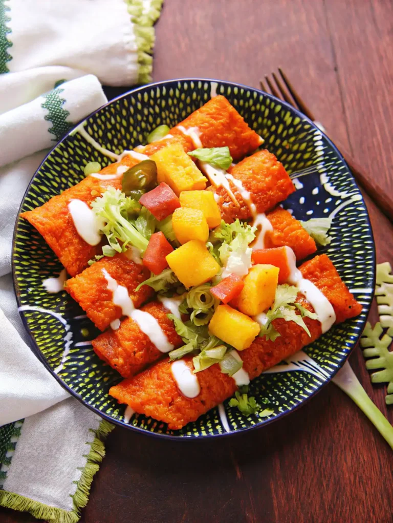 Enchiladas topped with potato, carrot, sour cream, and cilantro.