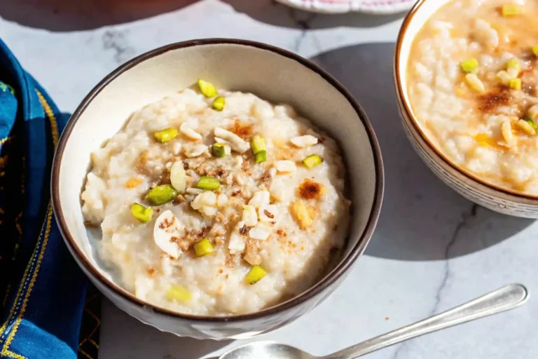 Creamy rice pudding topped with chopped pistachios and almonds, sprinkled with cinnamon.