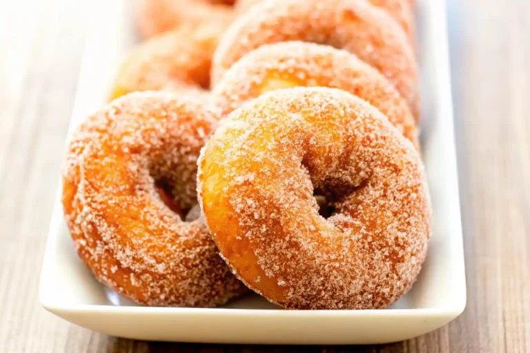 freshly made apple cider donuts coated with cinnamon sugar, arranged on a small plate.