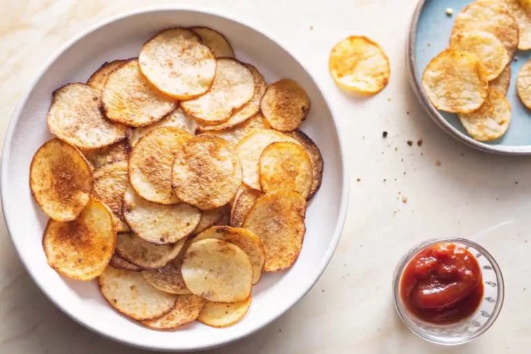 A bowl of crispy homemade potato chips, seasoned with salt and pepper, served with a small dish of ketchup.