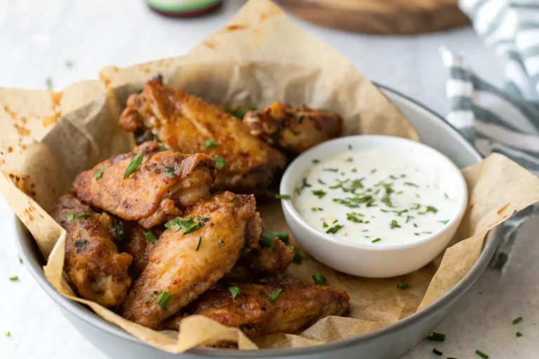 Crispy chicken wings served with a side of creamy dip and garnished with herbs.