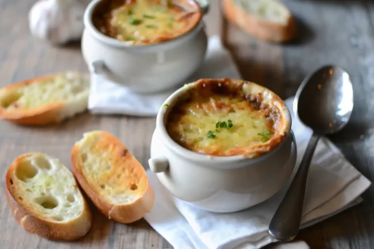French onion soup served in a white bowl with melted cheese on top, garnished with parsley, alongside toasted baguette slices.