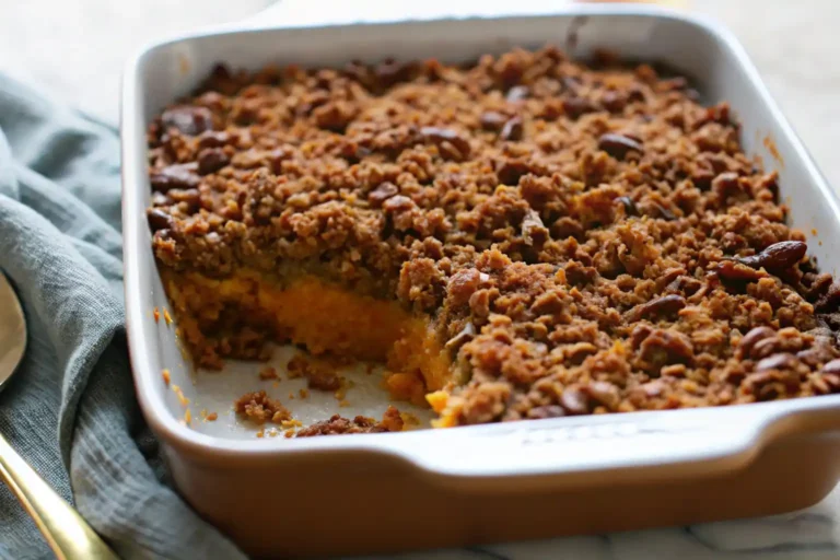 sweet potato casserole with a crumbly pecan topping in a white baking dish.