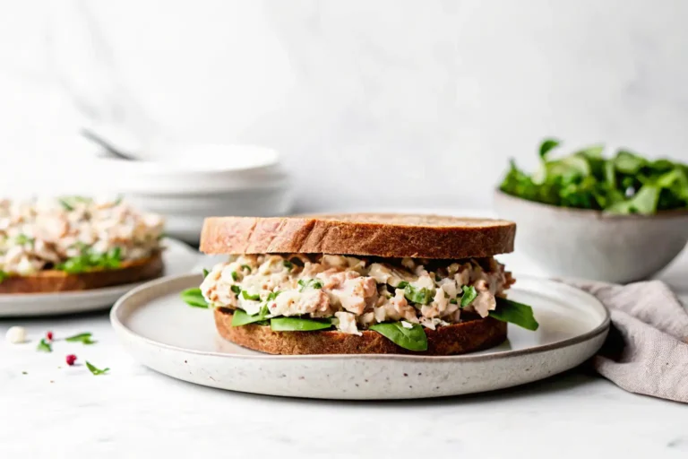 tuna salad sandwich with fresh lettuce and green onions, served on whole wheat bread.