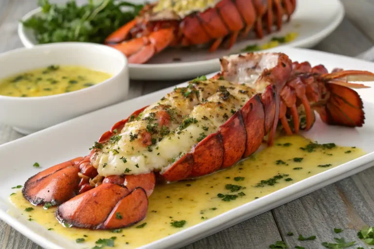 Grilled lobster tails with garlic butter sauce on a white plate.